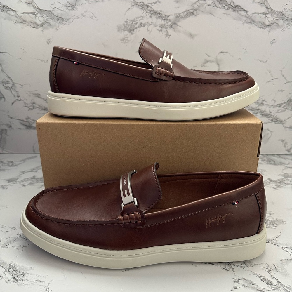 Tommy Hilfiger Brown Leather Slip-On Loafers with White Sole